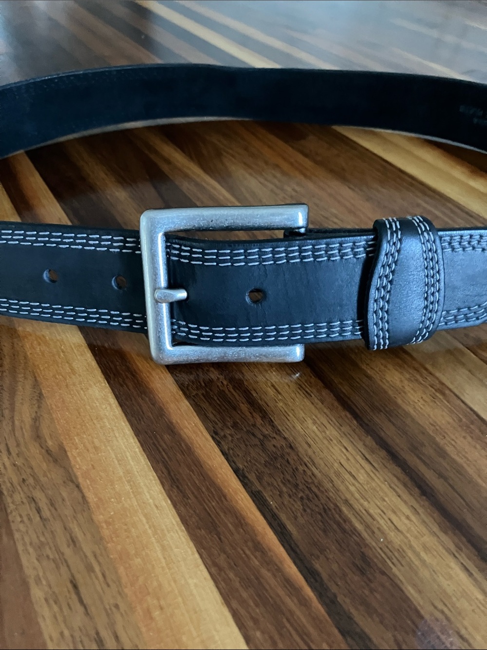 Justin USA Black Leather Belt Size 34 1.5” Double Stitch Workwear